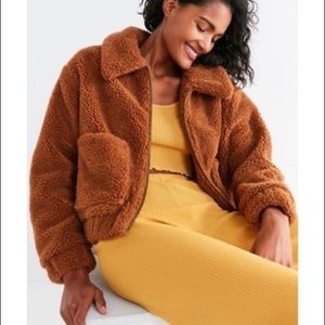 Urban Outfitters Cropped Teddy Jacket in Rust